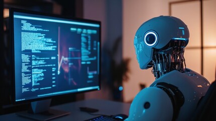 A customer using a computer to chat with an AI robot, with a sleek conversation window on the screen