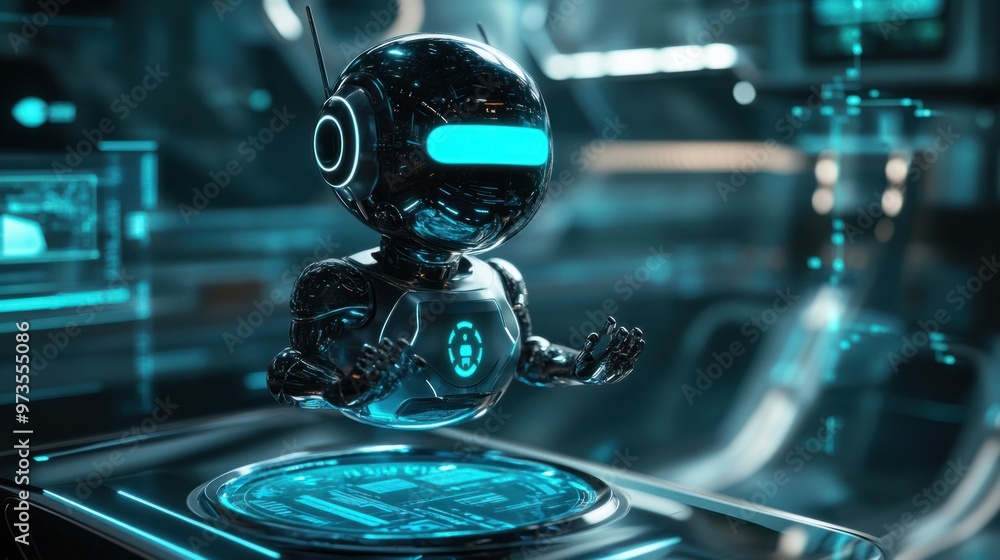 Poster a digital assistant chat robot floating in a holographic display, providing customer support in a fu