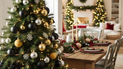 Christmas background with Christmas tree on wooden table. Black, golden and silver ornaments