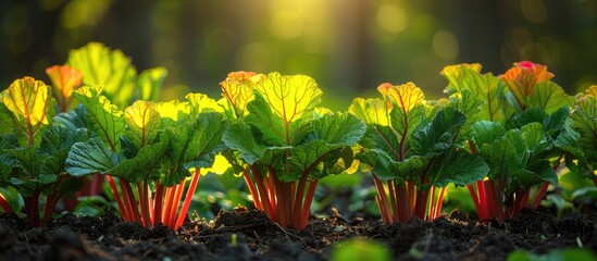 Lush vegetable garden with rows of healthy green leaves and red stems illuminated by warm sunlight filtering through the leaves
