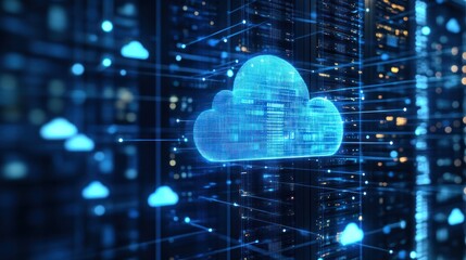 A glowing cloud computing icon hovers in front of a server rack with a blue network effect.