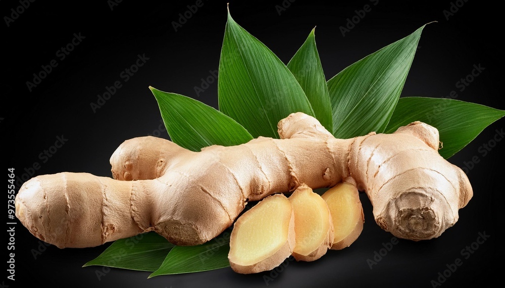 Wall mural fresh ginger root with green leaves isolated on black background