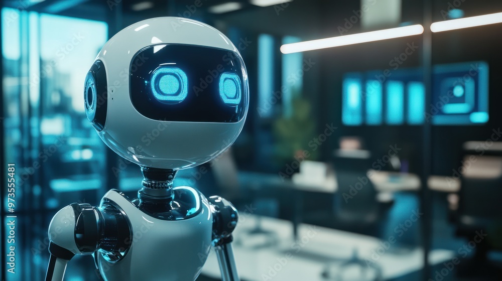 Poster a digital chat bot avatar floating in a high-tech office space, providing ai-powered solutions in re