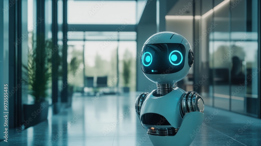 Poster a digital chat bot avatar floating in a high-tech office space, providing ai-powered solutions in re