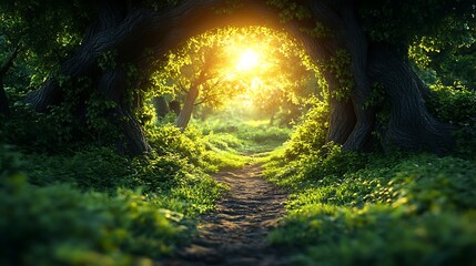 Magical Forest Path Leading to Bright Light with Sun Rays and Green Foliage