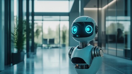 A digital chat bot avatar floating in a high-tech office space, providing AI-powered solutions in real-time