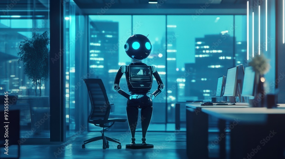 Poster a digital chat bot avatar floating in a high-tech office space, providing ai-powered solutions in re