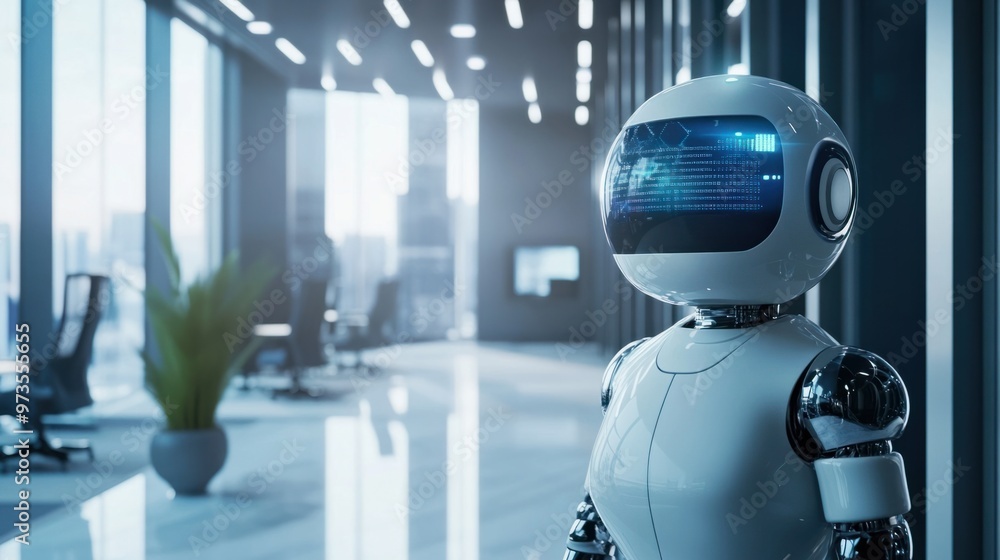 Poster a digital chat bot avatar floating in a high-tech office space, providing ai-powered solutions in re