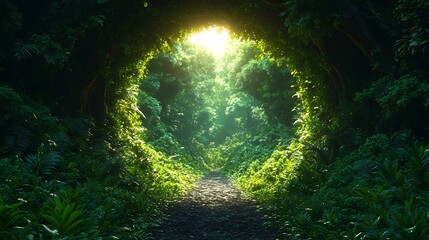 Mysterious, green portal in forest leading to bright sunlight. Concept of new beginnings, hope, and adventure