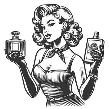recommend clip art: glamorous pin-up woman holding, perfume bottle, classic beauty and retro style sketch engraving generative ai fictional character vector illustration. Scratch board imitation. Black and white image.