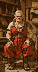Old half-human female ogre sits at a leather shop for portrait in red dress, Pixel art character design