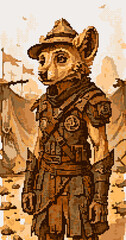 Fototapeta premium Desert gnoll at war camp, Hat in horrible desert heat, Pixel art character design
