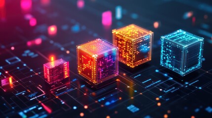 Glowing digital cubes with a dark background and circuit board design.