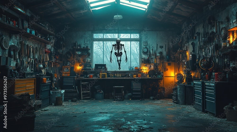 Poster A dimly lit workshop with tools and a robotic figure.