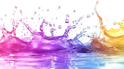 Colorful water splash with vibrant hues and droplets on white background.