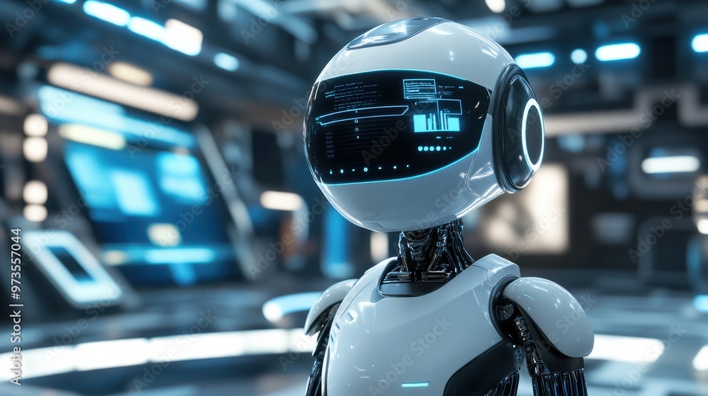 Poster a futuristic chat bot assistant on a virtual reality headset, with a 3d-rendered environment for imm
