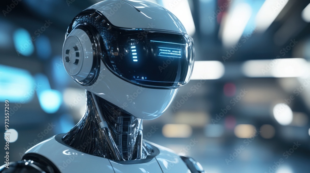 Poster a futuristic chat bot assistant on a virtual reality headset, with a 3d-rendered environment for imm