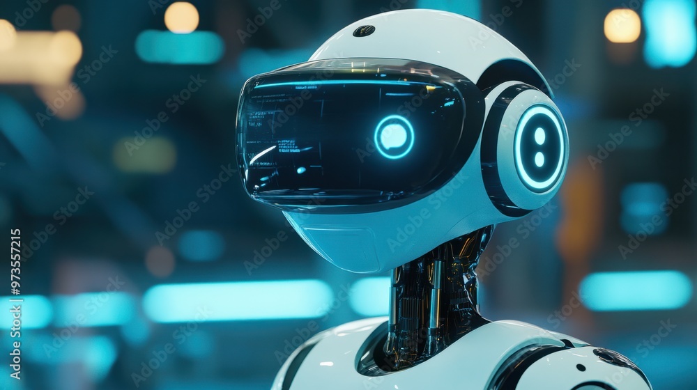 Poster a futuristic chat bot assistant on a virtual reality headset, with a 3d-rendered environment for imm