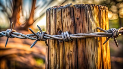 Rusty barbed wire wrapped around a wooden post in nature with warm sunlight, copy space