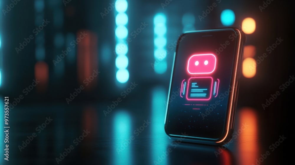 Aufkleber a futuristic chat robot icon glowing on a mobile app, offering suggestions and answers in a sleek co