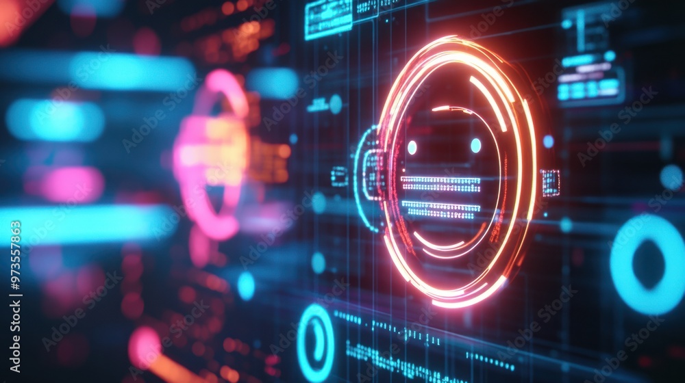 Poster a futuristic chat robot icon glowing on a transparent touchscreen, surrounded by digital codes and s