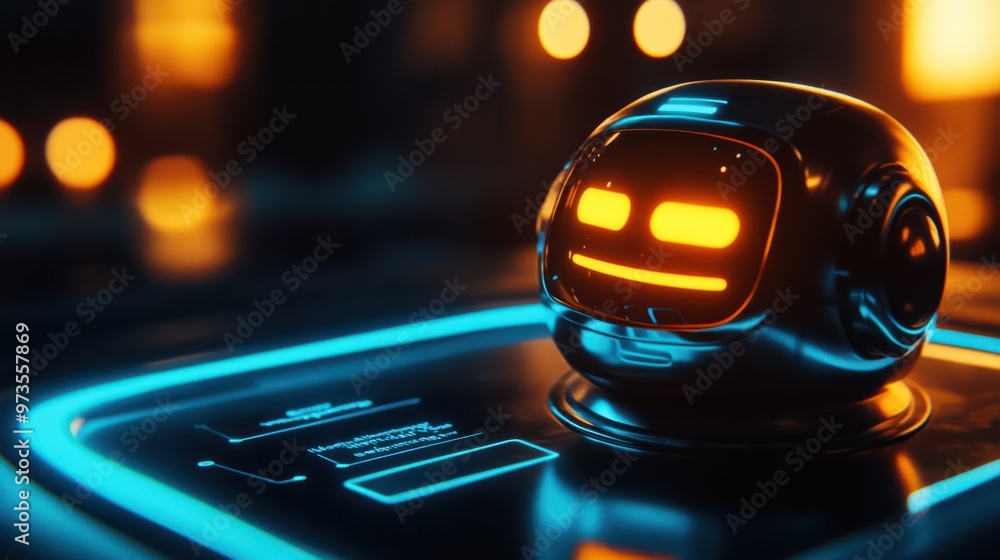 Poster a futuristic chat robot icon glowing on a mobile app, offering suggestions and answers in a sleek co