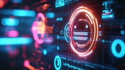 Obraz premium A futuristic chat robot icon glowing on a transparent touchscreen, surrounded by digital codes and symbols