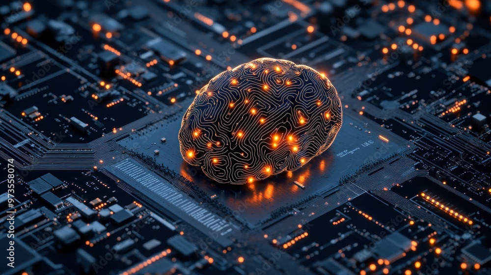 Poster a glowing brain-shaped object sits on a circuit board, representing the intersection of technology a