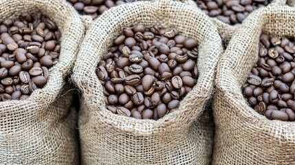  Fair Trade Coffee Beans in Burlap Sacks Highlighting Ethical Sourcing and Rich Aroma for Sustainable Coffee Industry.