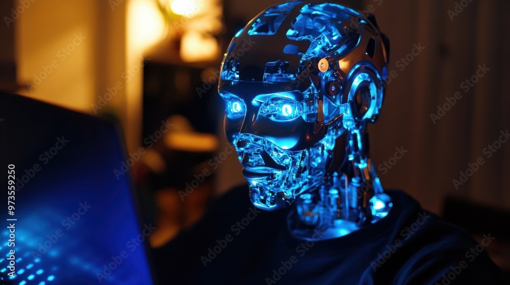Poster a humanoid chat robot with a glowing blue face, communicating via a laptop with a user typing on the