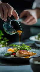 Chef Drizzling Sauce Over a Delicious Plate of Culinary Creation