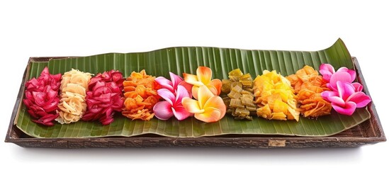 Colorful tropical floral arrangement consisting of vibrant red yellow and orange flowers leaves