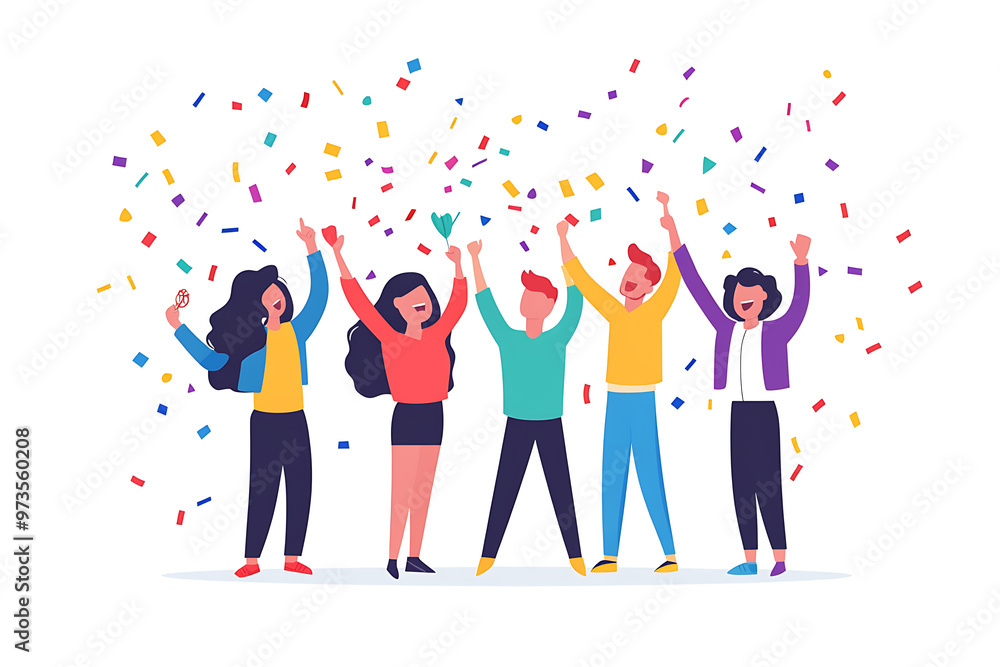 Wall mural A group of office workers celebrating a successful project with confetti and cheers in a flat art style. The minimalistic design highlights teamwork and achievement