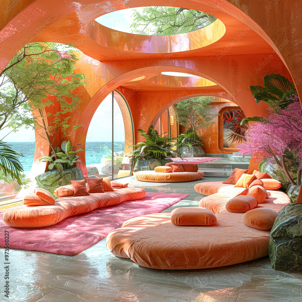 Poster a large, open space with a pool and a walkway.