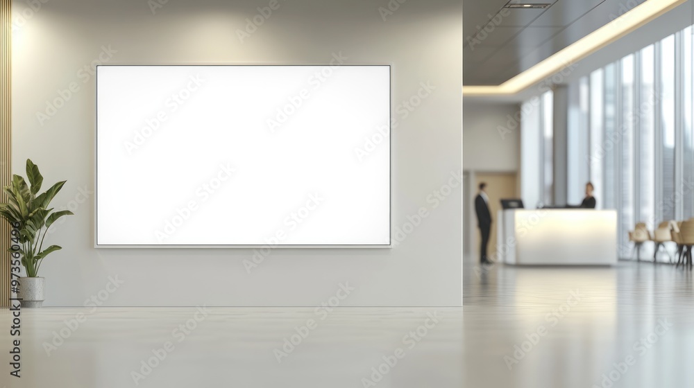 Wall mural Modern interior with large blank poster on wall and blurred background.