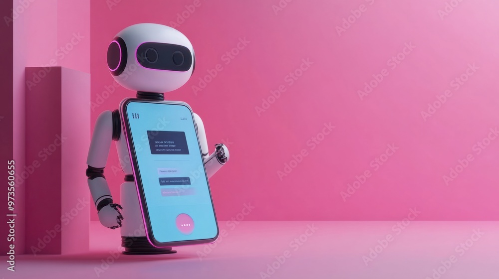 Poster a sleek chat robot icon on a phone screen, guiding a user through a product order process with ease
