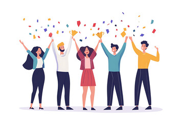 A group of office workers celebrating a successful project with confetti and cheers in a flat art style. The minimalistic design highlights teamwork and achievement