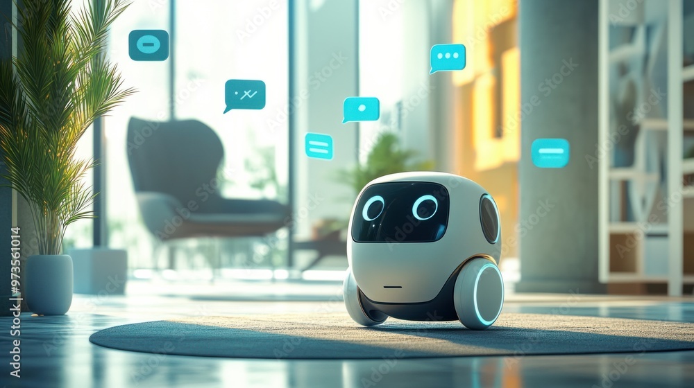 Poster a sleek chat robot in a bright, modern workspace, with conversation bubbles floating around it
