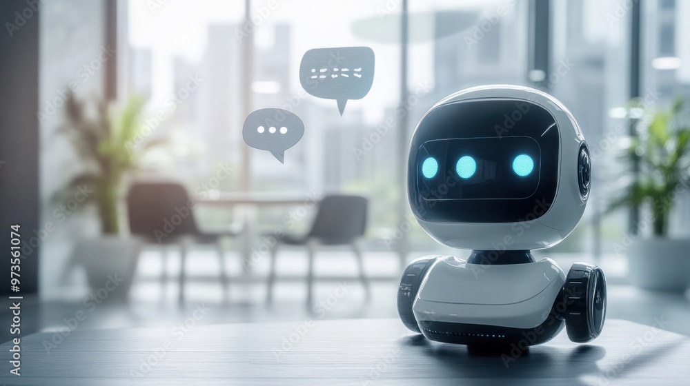 Poster a sleek chat robot in a bright, modern workspace, with conversation bubbles floating around it