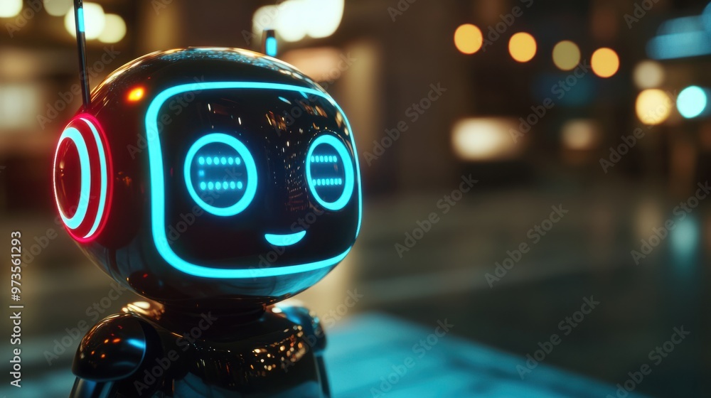Poster a sleek chat robot symbol glowing on a business website, offering immediate support with clear, conc