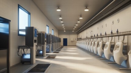 Modern industrial interior with a row of urinals in a bathroom.