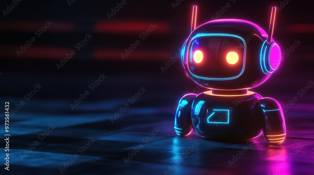 Poster a sleek chat robot symbol glowing on a business website, offering immediate support with clear, conc