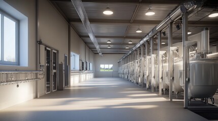 Industrial interior with a line of stainless steel tanks, a white concrete floor and a row of windows along the wall.