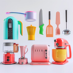 Obraz premium en appliances utensils colorful modern mixer toaster kettle knife spatula ladle pastel vibrant tools domestic cooking retro blender design utensil set culinary tools 