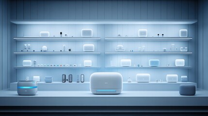 A display of modern electronic devices in a sleek, minimalist environment.