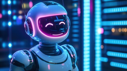 A smiling chat robot character in a digital interface, offering help and advice in a web chat window