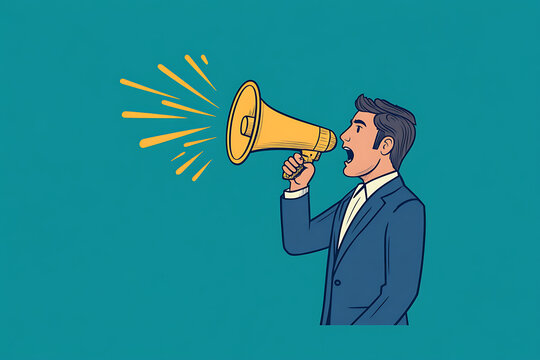 man dressed in a suit shouts into a megaphone, emphasizing communication, leadership, or public announcements. The bold gesture conveys urgency and authority