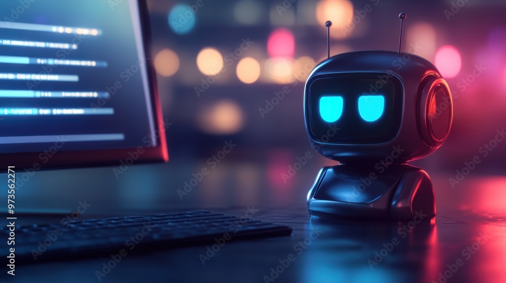 Poster a stylized chat robot icon on a desktop computer, symbolizing ai technology for customer service sup