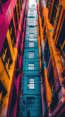 urban architecture colorful buildings alley perspective vibrant windows geometric contrast cityscape symmetry vivid colors narrow passage tall buildings street scene 