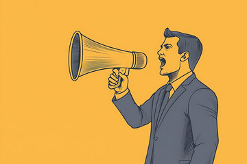 man dressed in a suit shouts into a megaphone, emphasizing communication, leadership, or public announcements. The bold gesture conveys urgency and authority